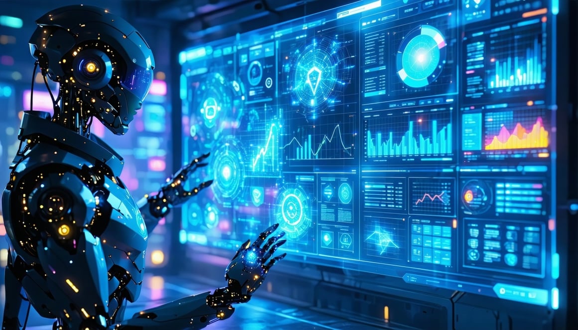 A cinematic 3D scene of a glowing futuristic lab where a digital humanoid figure prototypes a startup idea using holographic screens The environment blends realism and fantasy floating user interfaces neonblue startup dashboards digital AB test resul-3