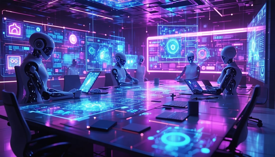 A futuristic highenergy 3D digital war room glowing with neon lights where multiple humanoid figures made of data and code analyze holographic dashboards floating in midair The room is surrounded by abstract floating icons representing user acquisiti