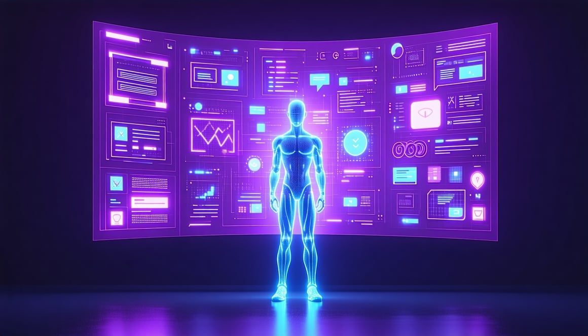 A glowing digital humanoid stands in front of a massive futuristic screen filled with floating platform interface elements  personalized notifications chat bubbles onboarding steps and user badges The elements pulse with neon colors violet electric b