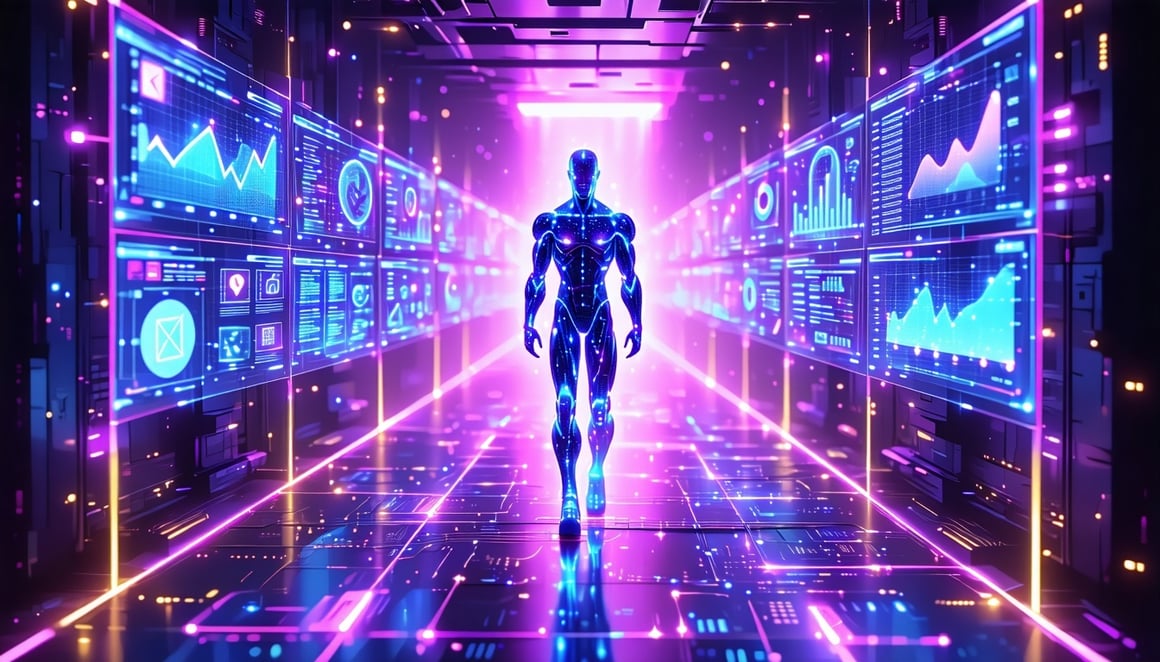 A glowing humanoid figure made of digital energy stands in a floating control chamber above a vast neon circuit grid Around them hover translucent glowing panels showing website icons SEO graphs social media logos email stats heatmaps and KPIs  all f