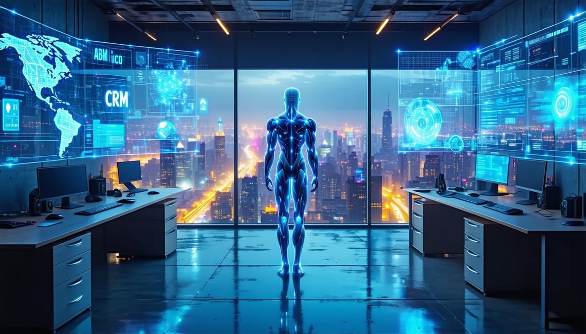 A highly detailed 3D futuristic digital command center inside a sleek cyberpunk office tower overlooking a glowing city skyline at night In the center a humanoid AI assistant made of light and code is dynamically interacting with floating holographic