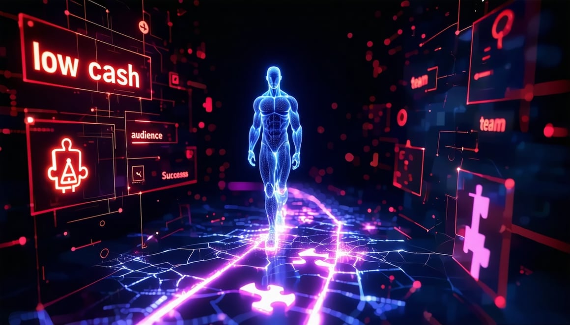 A humanoid figure made of swirling digital energy stands on a fragmented neon path suspended in a dark cyber void Around the path are floating flickering holograms a red low cash meter draining out a vanishing audience icon broken puzzle pieces label-1