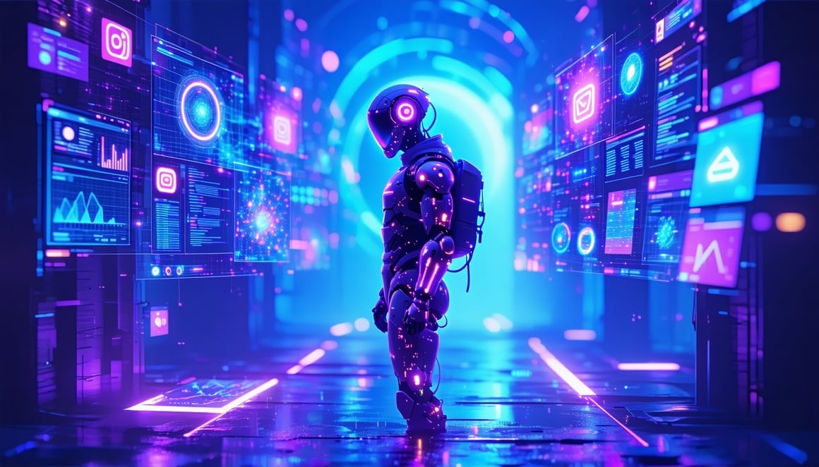 A humanoid figure with glowing neon patterns and subtle digital armor standing inside a surreal 3Drendered data world The scene is filled with floating holographic UI panels glitch effects electric swirls and glowing icons LinkedIn Instagram TikTok e-1
