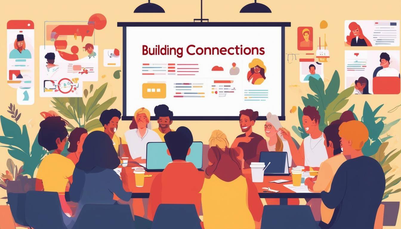 A vintagestyle graphic depicting a vibrant community gathering, set against a backdrop of a cozy, warmly lit room
