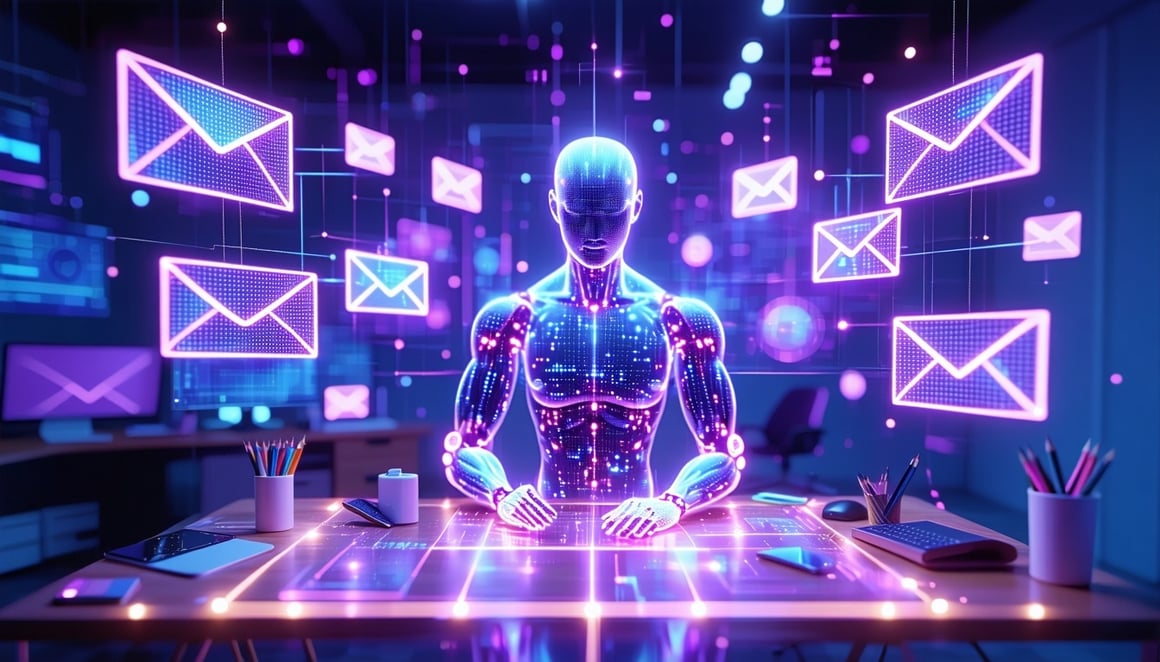 Create a 3D cyberfuturistic office scene A glowing humanoid figure sits at a sleek digital workstation surrounded by floating holographic email chains and message threads The emails appear as transparent neon panels with glowing subject lines and ani-1