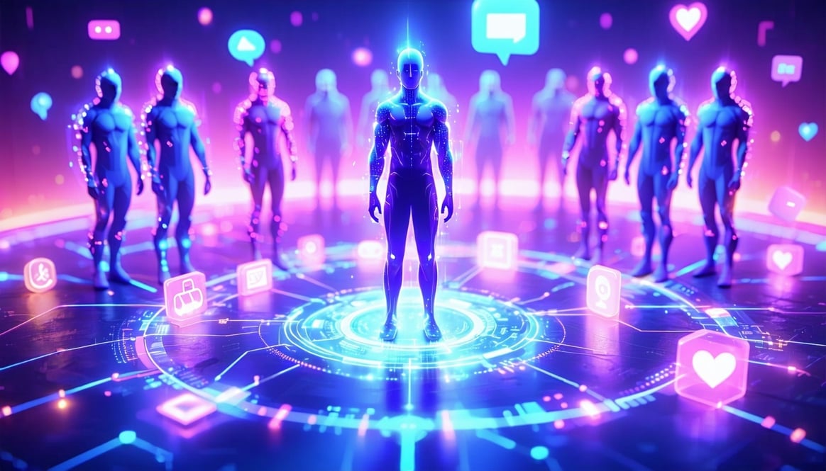 Create a 3D digital scene in a neonglitch futuristic world A glowing humanoid figure stands in the center surrounded by several other humanoids each slightly different in color or glow intensity forming a loose circle around them Their hands are co