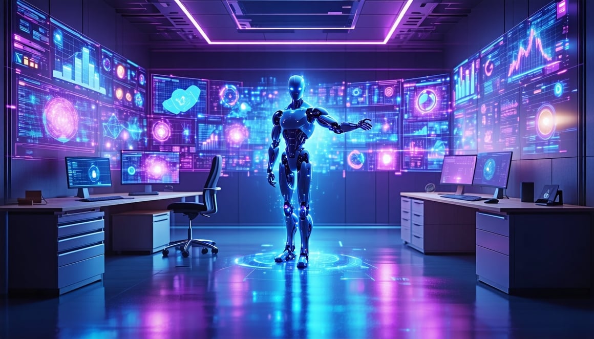 Create a futuristic digital command center inside a glowing skyscraper office A humanoid figure made of neon circuitry is orchestrating an array of floating holographic screens  each showing elements of AI marketing analytics graphs chatbot conversat-1